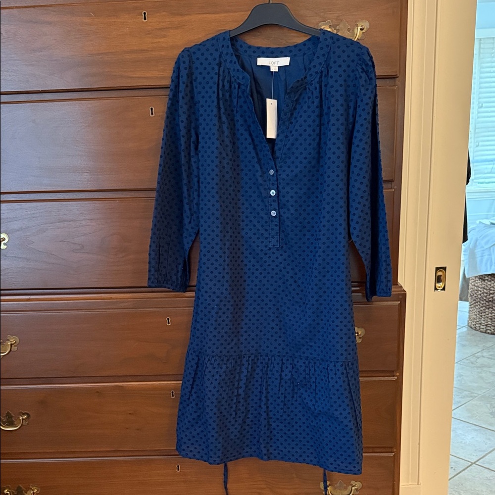 LOFT Dark Blue Long Sleeve Dotted Dress